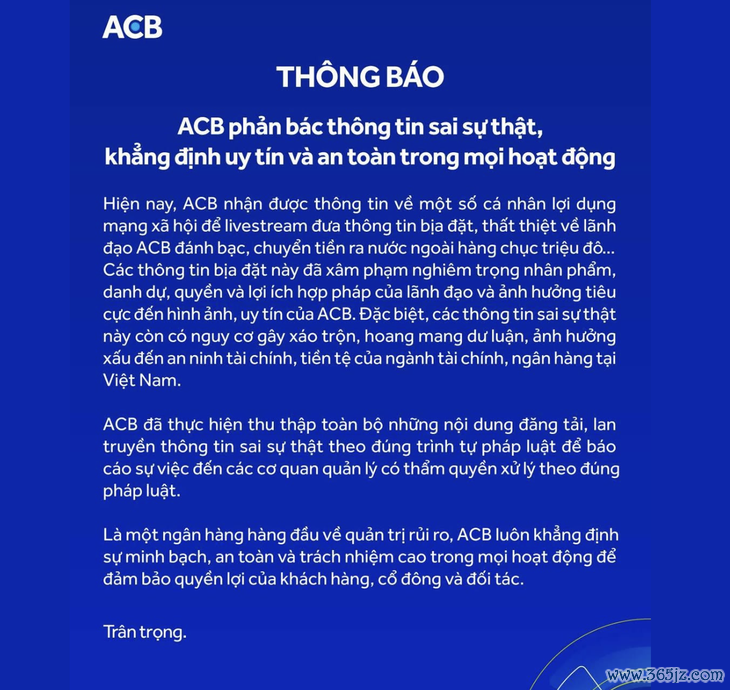 ACB lên tiếng thông tin ‘lãnh đạo ngân hàng đánh bạc hàng chục triệu USD’ - Ảnh 1.