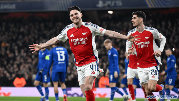 Declan Rice mừng bàn mở tỷ số trong trận Arsenal thắng Dinamo Zagreb 3-0 trên sân Emirates， London， Anh ngày 22/1. Ảnh: Arsenal FC